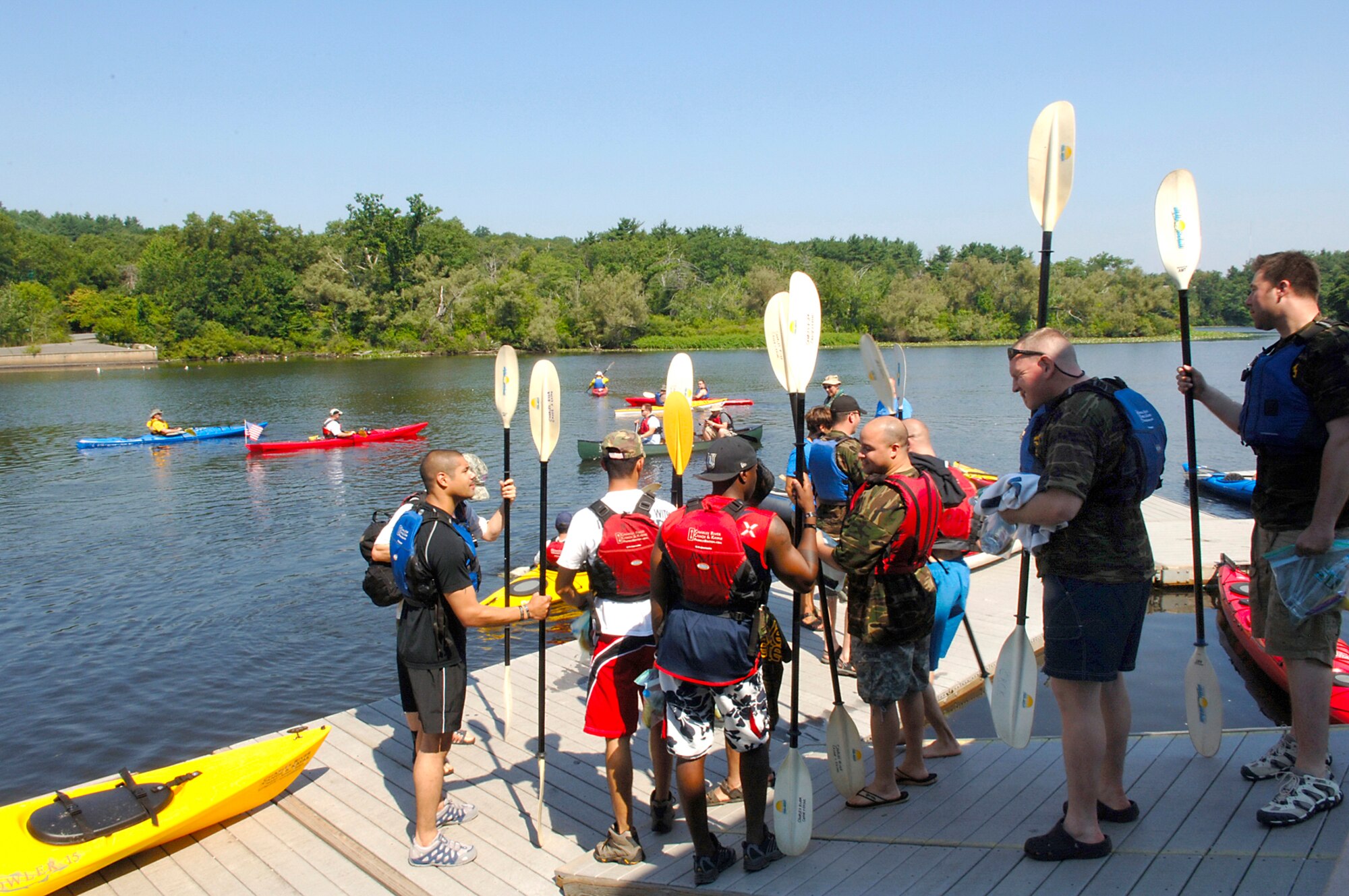 Members of the Electronic Systems Center Safety Office joined area veterans for a fun-filled kayaking trip on the Charles River July 26. The trip was sponsored by the Boston Vet Center. The Hanscom volunteers helped with trip details and shared many smiles and stories with the former servicemembers. (U.S. Air Force photo by Jan Abate).