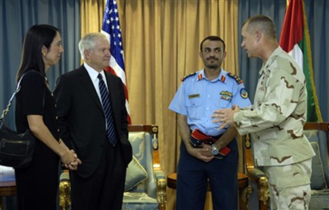 U.S. Ambassador to the United Arab Emirates Michele Sison, U.S. Defense Secretary Robert M. Gates, UAE Brig. Gen. Rashad and Air Force Brig. Gen. Larry Wells meet in United Arab Emirates, Aug. 2, 2007.  