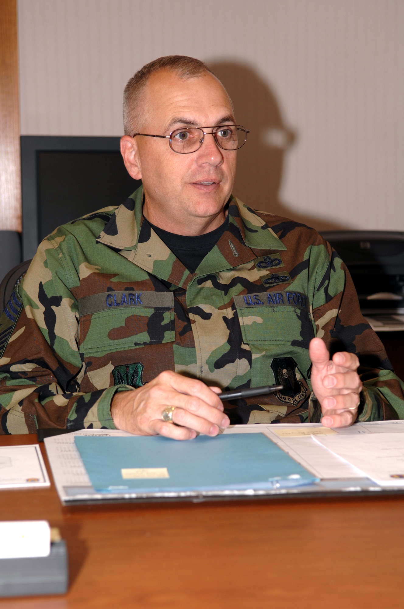MINOT AIR FORCE BASE N.D. – Chief Master Sgt. Mark Clark, the new command chief of the 5th Bomb Wing, discusses his priorities, his warrior message and getting to know his Airmen during an interview.  Chief Clark assumed his new position July 15. (U.S. Air Force photo by Senior Airman Stacy Moless)