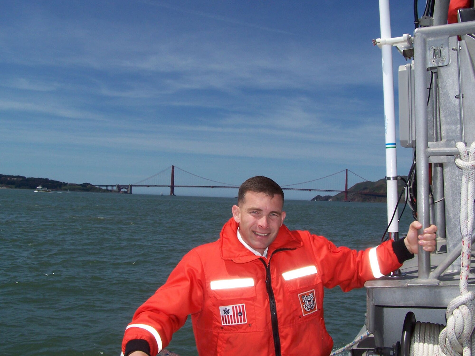 Master Sgt. Michael Ammons, 341st Medical Group first sergeant, spends time aboard a U.S. Coast Guard cutter along the Northern California coastline in May. The Air Force master sergeant attended the Coast Guard's Chief Petty Officer Academy in Petluma, Calif., in lieu of the Air Force's Senior NCO Academy required for his professional military education. (U.S. Air Force photo)