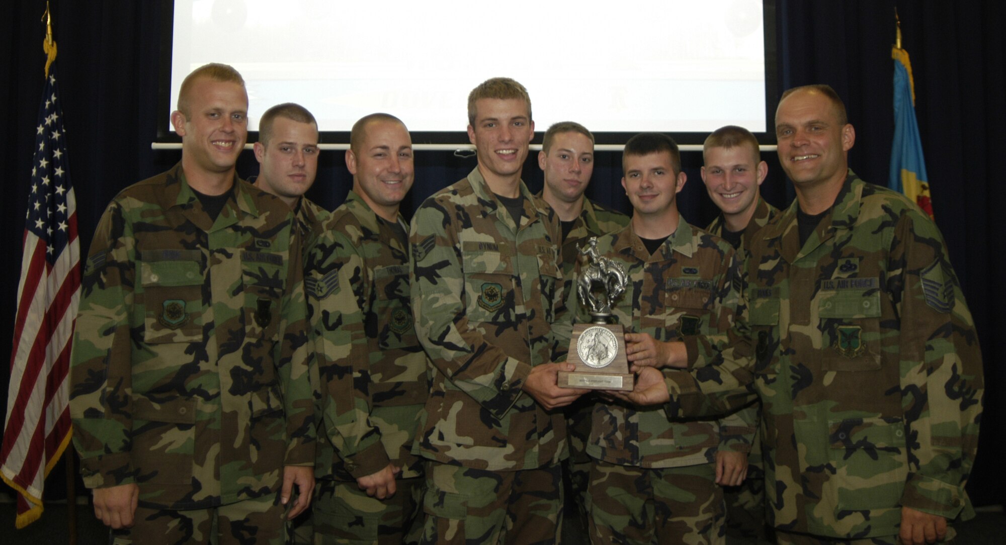 Senior Airman Andrew Fish, Staff Sgt. Michael Sessions, Staff Sgt. Robert Thomas, Senior Airman Daniel Bynum, Senior Airman Christopher Renken, Senior Airman Christopher May, 1st Lt. Steven Donovan and Master Sgt. Michael Brooks were recognized as the Best C-5 Preflight team at the Air Mobility Rodeo 2007. Not shown here, but part of the award-winning Team Dover Rodeo maintenance team: Senior Airman Benjamin Drage and Staff Sgt. Mark Rose. (U.S. Air Force photo/Airman Shen-Chia Chu)