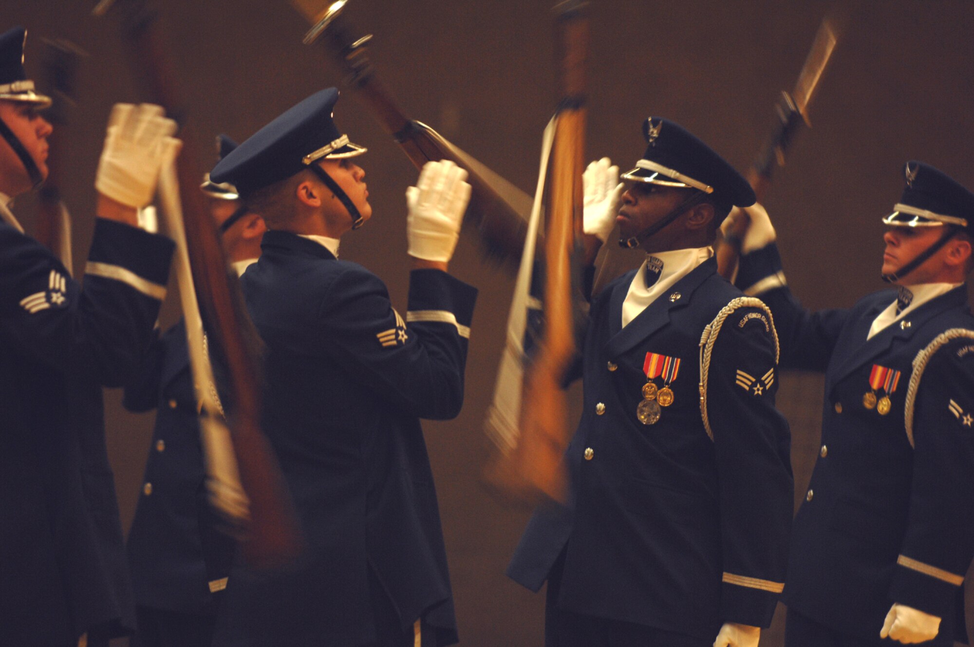 SPANGDAHELM AIR BASE, Germany -- The Air Force Honor Guard Drill Team, stationed out of Bolling Air Force Base, Washington DC, perform at Spangdahlem Air Base, Germany, Aug. 2. (U.S. Air Force photo/Airman 1st Class Stephanie Clark) 