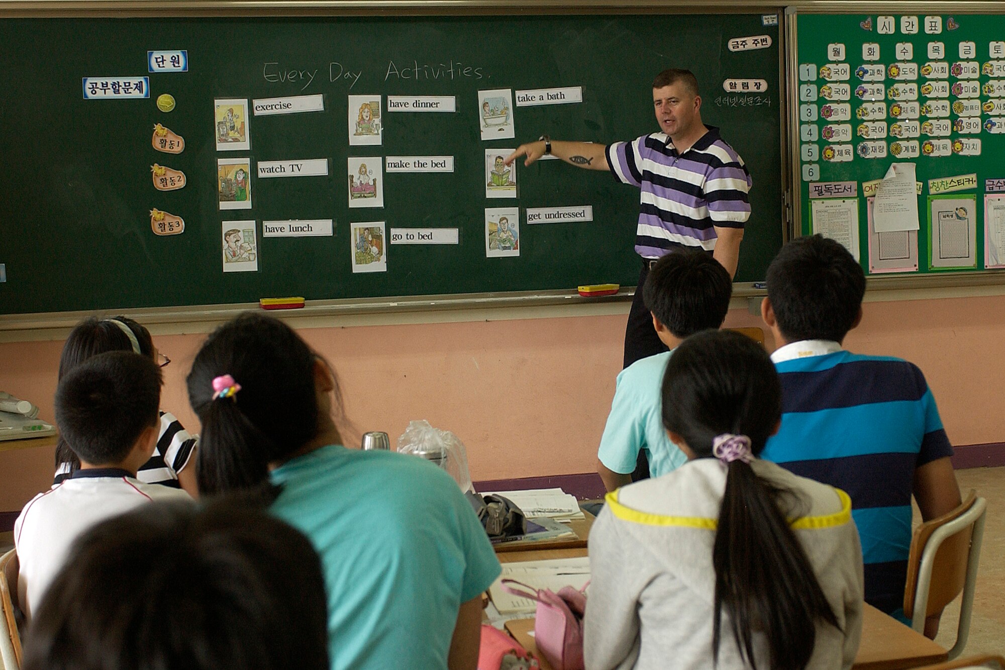 GUNSAN CITY, Republic of Korea -- Master Sgt. Dean McKendree, 8th Aircraft Maintenance Squadron teaches children how to speak English at Sinpung Elementary School during the English Camp Aug. 1 here. The English Camp is supported by volunteers from the 8th Fighter Wing "Wolf Pack" at Kunsan Air Base as a part of the Good Neighbor Program. The school teaches valuable English skills to students over a three week period. (U.S. Air Force photo/Senior Airman Giang Nguyen)
                               
                               