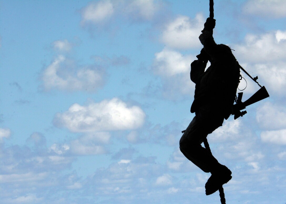 A Marine with Battalion Landing Team, 3rd Battalion, 8th Marine Regiment, 22nd Marine Expeditionary Unit (Special Operations Capable), slides down a rope during fast-rope training aboard the USS Kearsarge, Aug. 4, 2007. BLT 3/8 is currently deployed as the Ground Combat Element of the 22nd MEU(SOC) led by Col. Doug Stilwell.