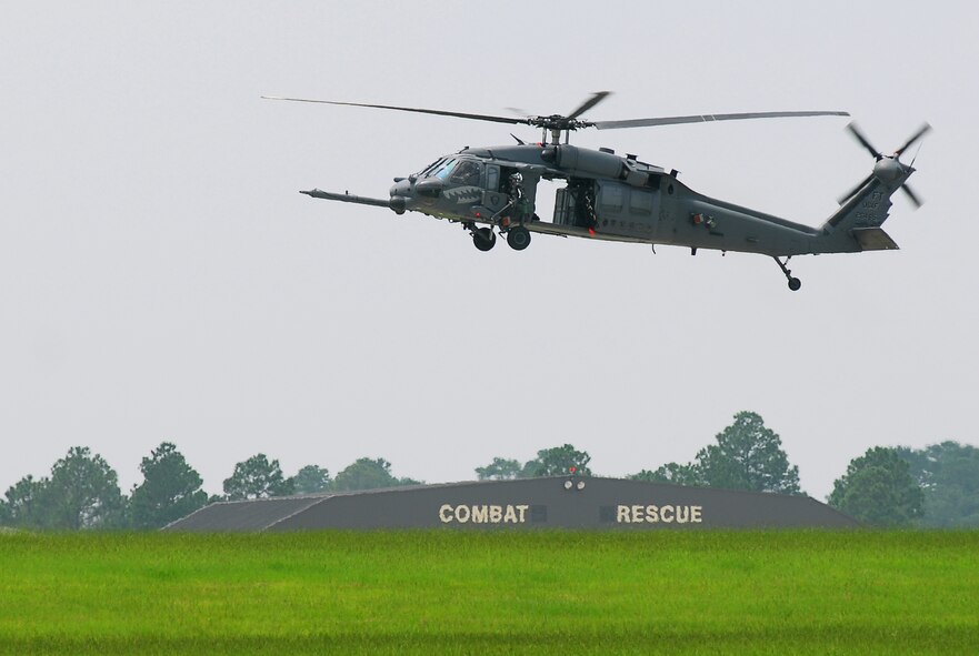 An HH-60G Pave Hawk performs practice landing approaches over Moody Air Force Base, Ga., Aug. 6. The primary mission of the Pave Hawk is to conduct day or night combat search and rescue operations into hostile environments to recover downed aircrew or other isolated personnel during war. (U.S. Air Force photo by Tech. Sgt. Parker Gyokeres)