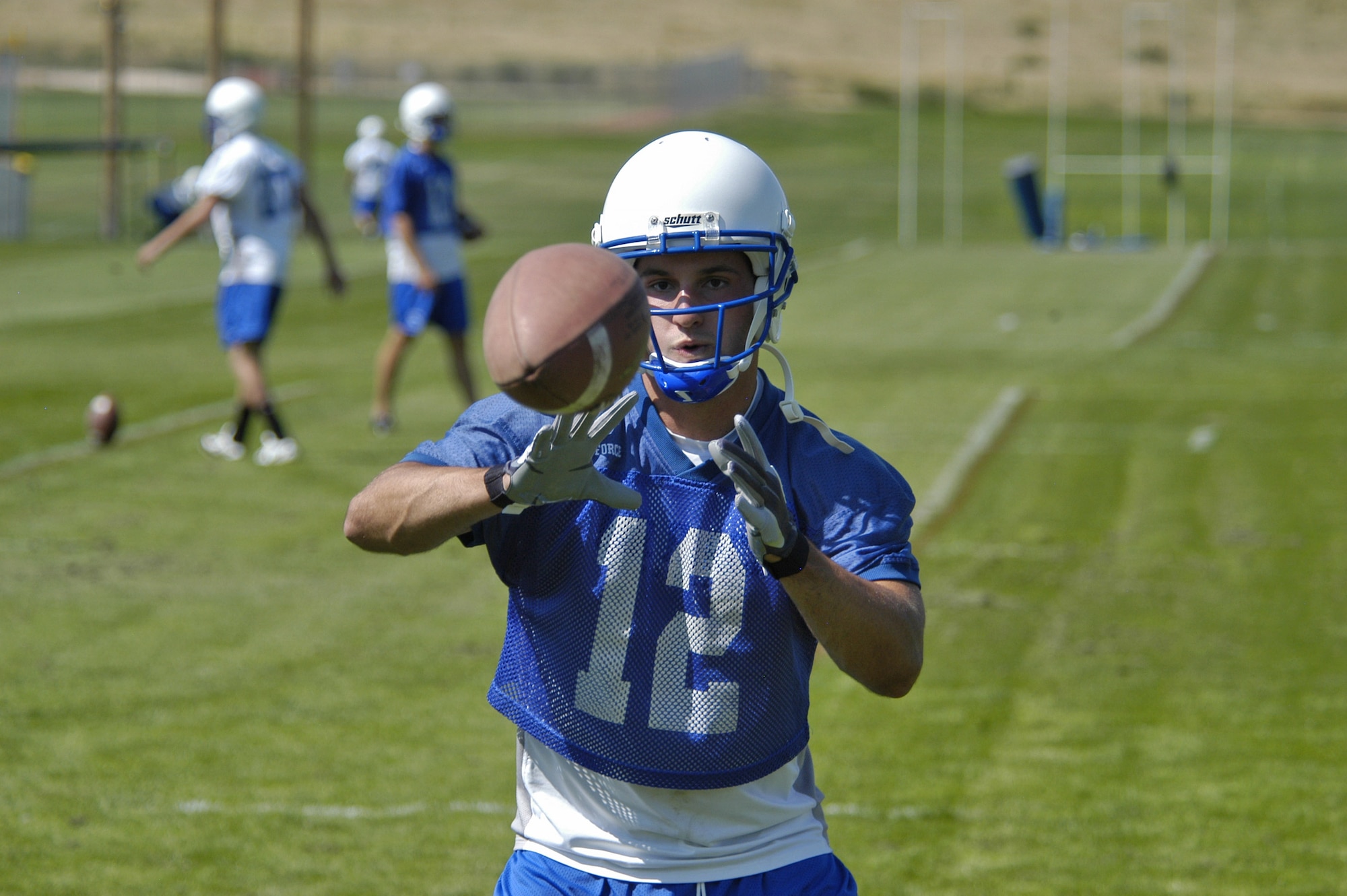 Senior wide receiver Mike Moffett focuses during Air Force's season-opening practice Aug. 1 at the Air Force Academy in Colorado Springs, Colo.  (U.S. Air Force photo/John Van Winkle) 