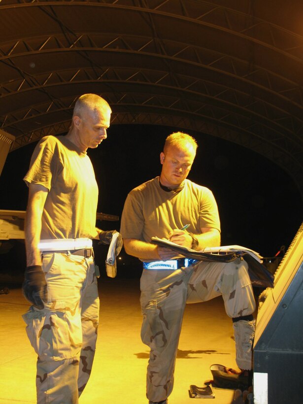 Master Sgt. Mark Marta (left), 482nd Maintenance Squadron, aerospace propulsion jet engine craftsman and Staff Sgt. Adam Cartwright, 482nd Aircraft Maintenance Squadron, F-16 aircraft maintenance crew chief, annotates maintenance forms during nighttime flight operations. Airmen assigned to the 482nd Fighter Wing, Homestead Air Reserve Base, Fla., are currently deployed to Balad Air Base, Iraq, in support of Operation Iraqi Freedom.  (U.S. Air Force photo/Lt. Col. Jose Monteagudo)