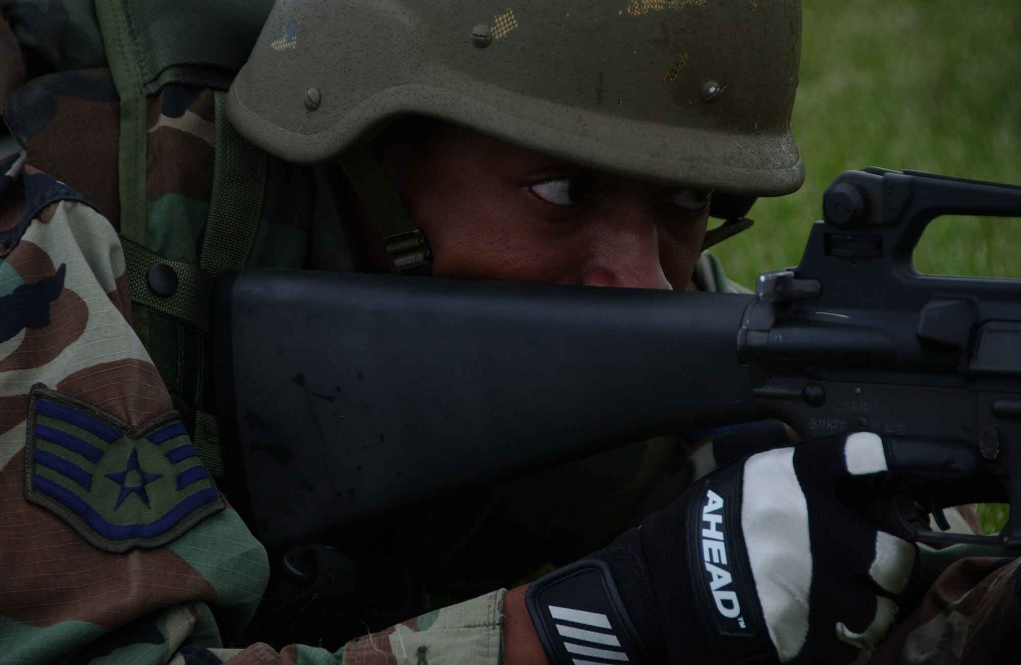 EIELSON AIR FORCE BASE, Alaska -- Staff Sgt. Joshua Brantly, 354th Logistic Readiness Squadron, takes aim down range during combat skill training August 3, 2007. This training allows airmen the necessary skills to perform and adapt in a combat environment while deployed to an overseas location.  (U.S. Air Force photo by Airman 1st Class Christopher Griffin)