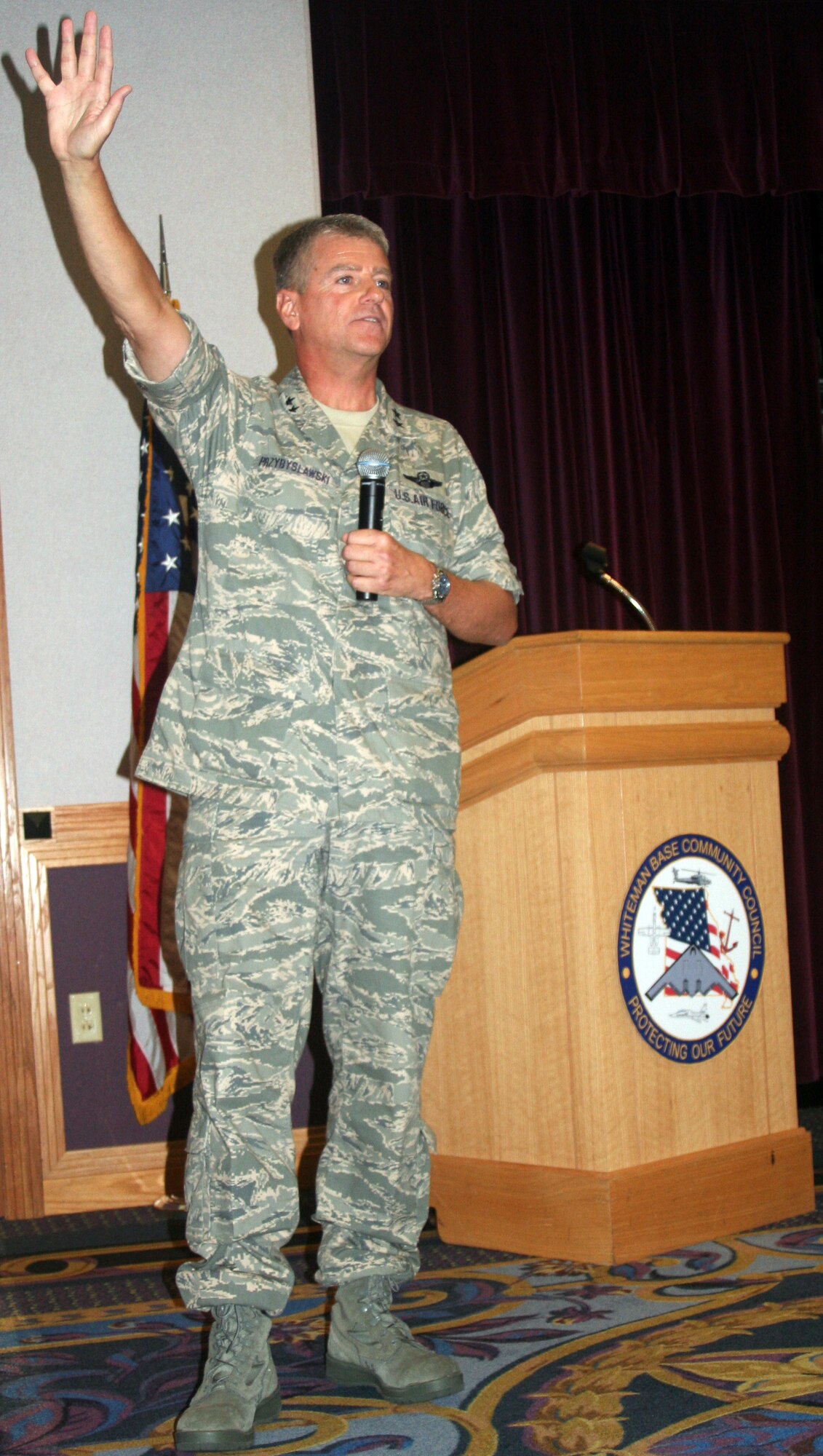 Maj. Gen. Anthony Przybyslawski, Air Force Personnel Center Commander, speaks to members of the base community council at a luncheon Aug. 2 about the future of the Air Force. (U.S. Air Force Photo/Airman 1st Class Stephen Linch) 