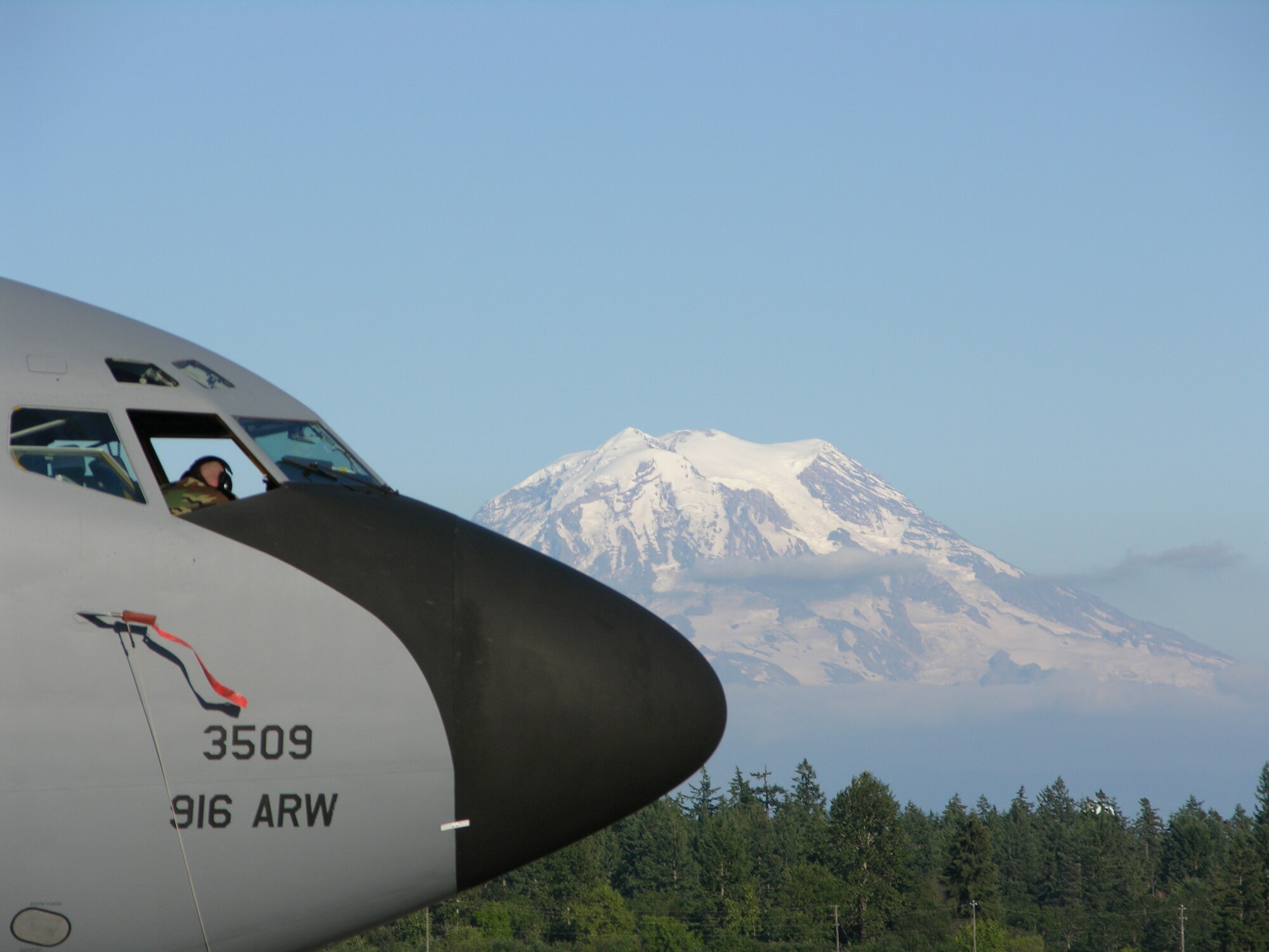 MCCHORD AIR FORCE BASE, WA -- A tanker assigned to the 916th Air Refueling Wing, Air Force Reserve, is the perfect picture sitting in front of Mt. Rainier in late July. Nearly 20 reservists from the North Carolina unit participated in RODEO 2007 in Washington. The exercise pits aircrews, maintainers, security forces and other sections against each other in an Air Mobility Command competition.