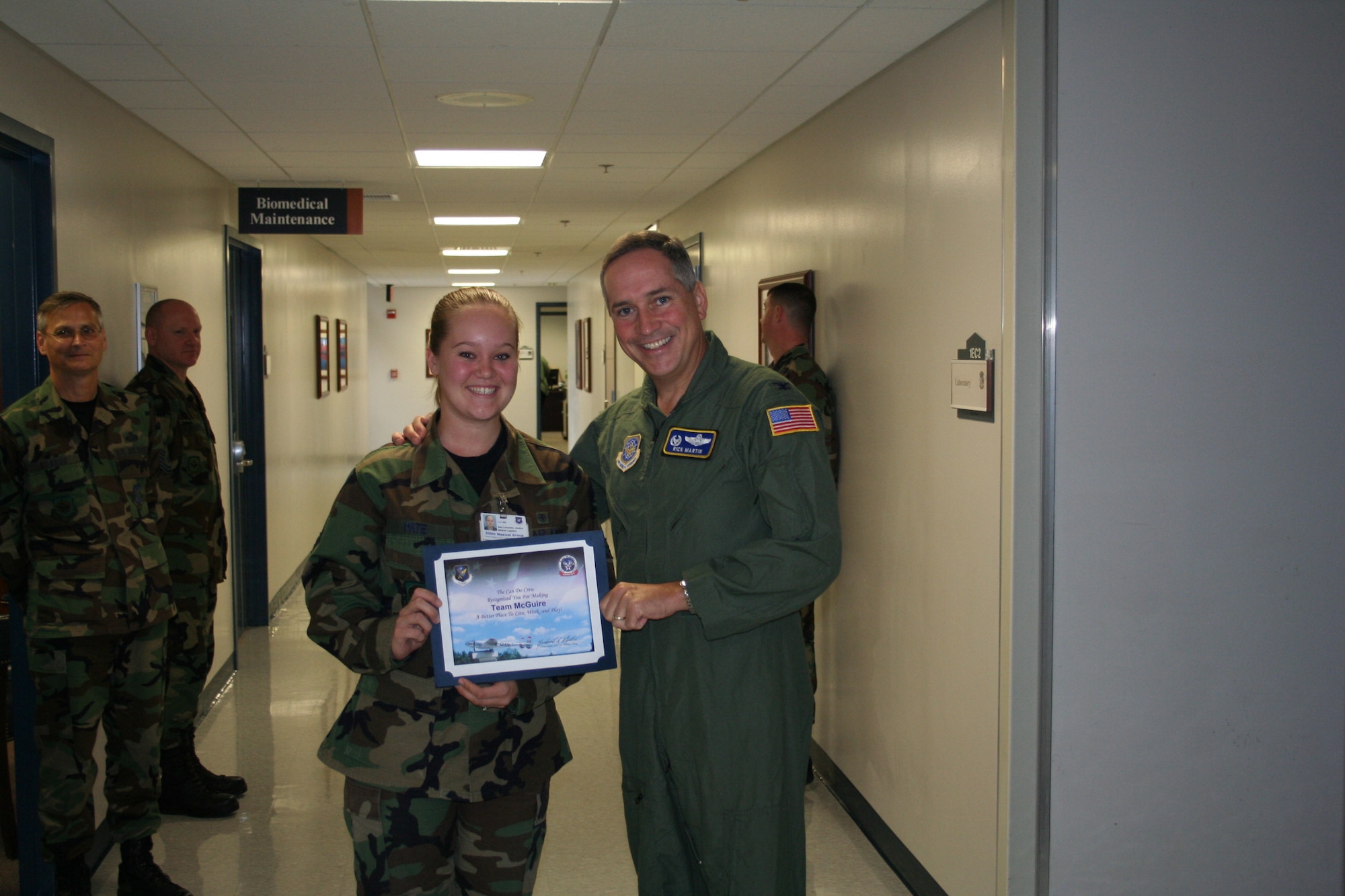 On June 21, Airman 1st Class Jessica Pate, 305th Medical Group, was sitting in the cock-pit of a KC-10 while supporting the 21st Air Refueling Squadron. She noticed a burning smell and thought something might be on fire. She notified both of the pilots and the flight commander. It was discovered that there was a small electrical fire on the windshield de-fogger. The situation was handled rapidly, resulting in saving vital aircraft equipment and potentially human lives.

Be aware that the “Can Do Crew” is everywhere, looking for outstanding service.  They covertly seek members of Team McGuire who make a difference, identifying and recognizing only the best!  Remember, the strongest asset of Team McGuire is its people; you are what makes McGuire a better place to live, work and play!
