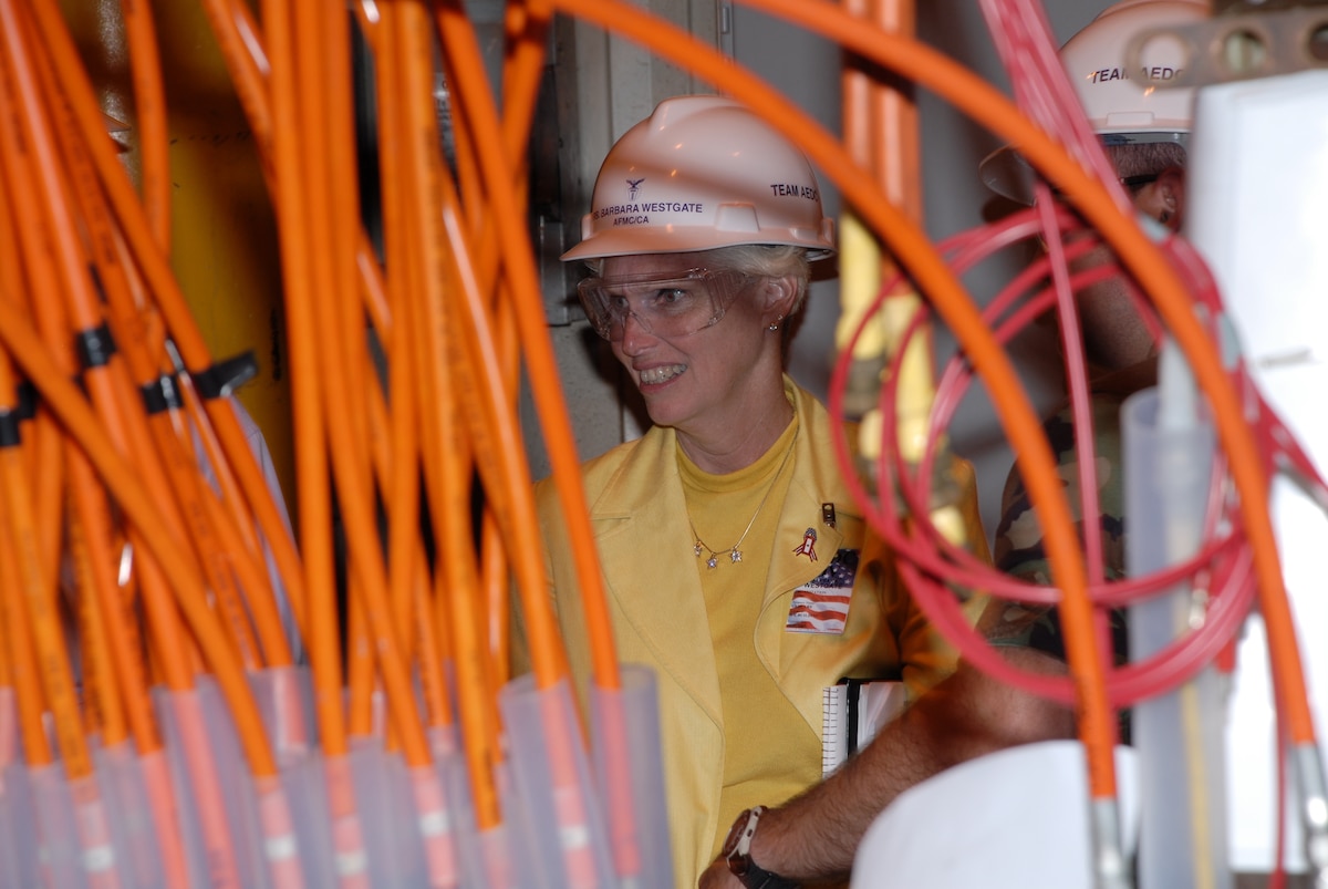 AFMC Executive Director Barbara Westgate tours an Arc Heater facility during a visit to Arnold Engineering Development Center July 30. (Photo by Rick Goodfriend)