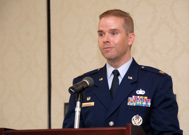 Maj. Edward Culbreth speaks after assuming command of the 437th Contracting Squadron from Lt. Col. Tara Morrison Aug. 7 in the Charelston Club.  (U.S. Air Force photo/Senior Airman Sam Hymas) 
