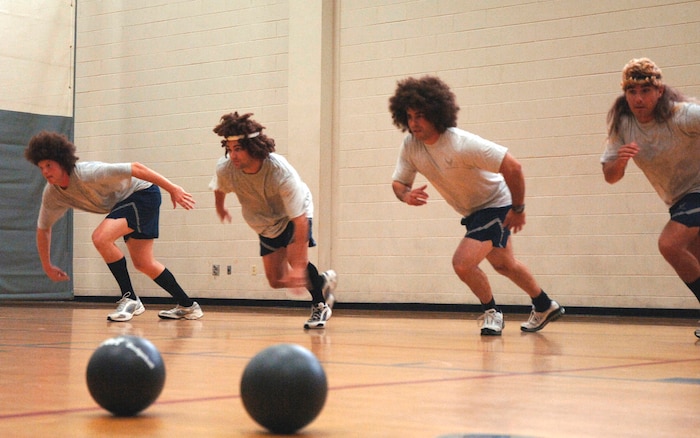 The 437th Security Forces Squadron gives all they have against the team they are up against during the base-wide dodgeball tournament. (U.S. Air Force Photo/Staff Sgt. April Quintanilla)