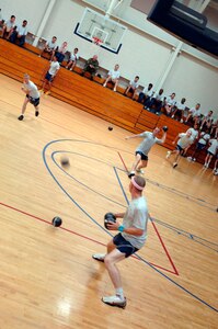 Logistics Readiness Squadron 2 stands their ground while facing the 17th Airlift Squadron during Charleston's first base-wide dodgeball tournament. (U.S. Air Force Photo/Staff Sgt. April Quintanilla)