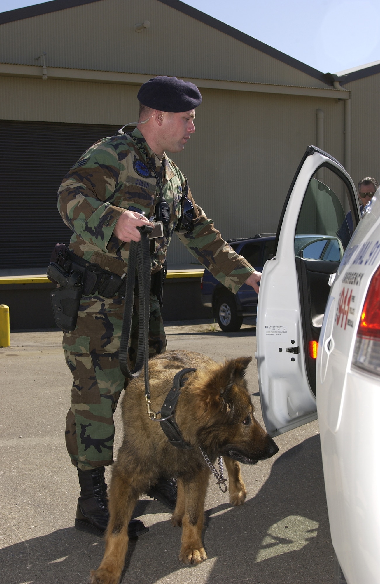 VANDENBERG AIR FORCE BASE, Calif. -- Senior Airman Alexander Colon, 30th Security Forces Squadron, loads his military working dog partner, Cargarro, into his squad car after a building sweep on May 10.  Security forces constantly train their bomb and drug sniffing dogs to seek out illegal items and potential threats.  (U.S. Air Force photo/Airman 1st Class Adam Guy)