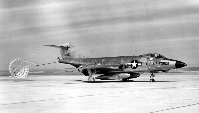 McDonnell F-101A (S/N 53-2423) after landing with drag chute. (U.S. Air Force photo)