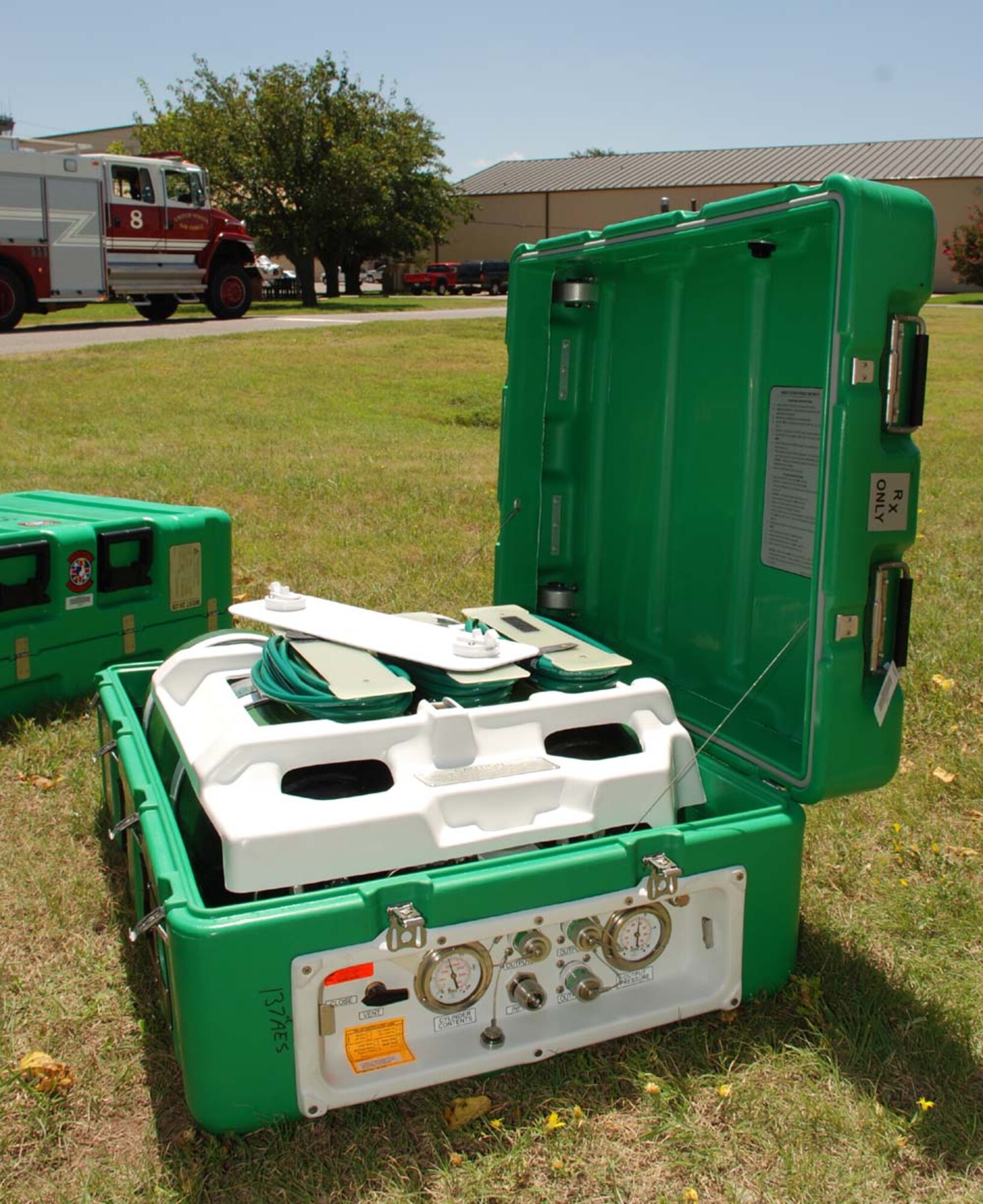 A Will Rogers Air National Guard Base Mobile Oxygen Storage Tank similar to this one was cause for fire crews to respond Aug. 8 to Bldg. 1924. According to fire officials, a flash fire occurred during testing, charring the outside of the container. The incident is still under investigation.  (U.S. Air Force photo/Airman 1st Class Jacob Corbin)