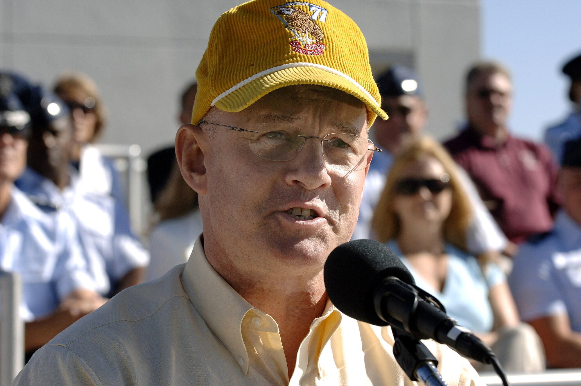 Retired Lt. Gen. Richard V. Reynolds speaks on behalf of the Class of 1971 during the Class of 2011 Acceptance Parade Aug. 8 at the U.S. Air Force Academy in Colorado Springs, Colo.  The Acceptance Parade marks the formal acceptance of the new cadets into the cadet wing.  Twenty-one graduates of the Class of 1971 were in attendance and will provide mentorship and participate in 2011 Class activities and functions during the cadets' four years at the Academy.  (U.S. Air Force photo/Mike Kaplan)