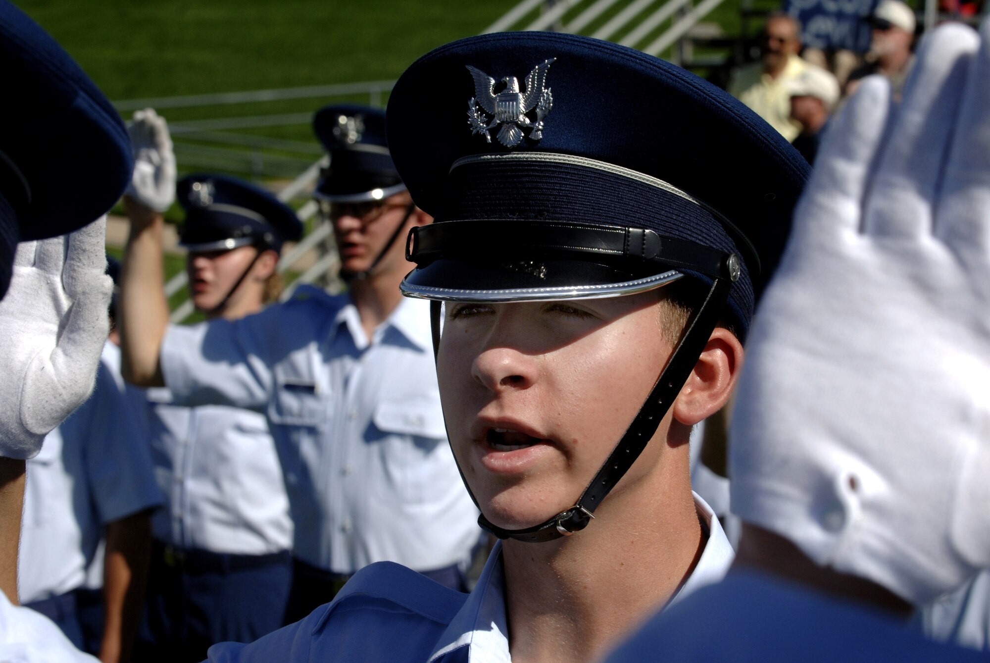 U.S. Air Force Academy Cadet 4th Class Andrew Taylor, along with the entire cadet wing, takes the Oath of Honor Aug. 8 during the Acceptance Parade at the Academy in Colorado Springs, Colo.  The Acceptance Parade marks the formal acceptance of the new cadets into the cadet wing.  (U.S. Air Force photo/Mike Kaplan)