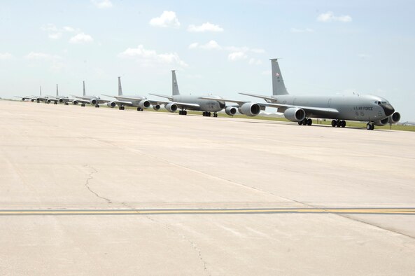 MCCONNELL AIR FORCE BASE, Kan. -- Six McConnell KC-135 Stratotankers demonstrate the "elephant walk" formation as they taxi down a runway here Aug. 5 during a generation exercise. The exercise showcased McConnell aircrews’ capability to prepare a flight and take off within minutes of being notified of a mission. These types of exercises are conducted randomly each year. (Photo by Airman Justin Shelton)