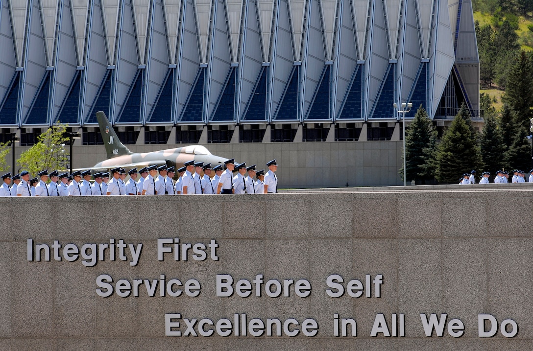U.S. Air Force Academy basic cadets march over the "Core Values Ramp" at the Academy during orientation.  The members of the Class of 2011 recently completed field training and are preparing for the start of the academic year.  (U.S. Air Force photo/Dennis Rogers)