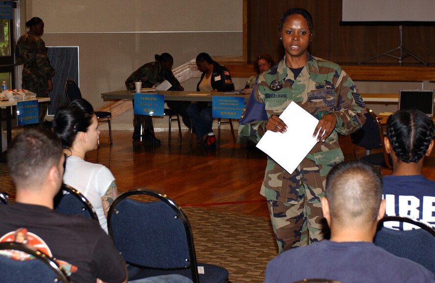 MISAWA AIR BASE, Japan -- Tech. Sgt. Yvette Hughes-Mayo, 35th Mission Support Squadron, briefs noncombatants during an exercise on Misawa Air Base, Japan, July 20, 2007. Exercises like this one keep the Airmen's skills sharp for real world situations. (U.S. Air Force photo by Airman 1st Class Benjamin Wilson)