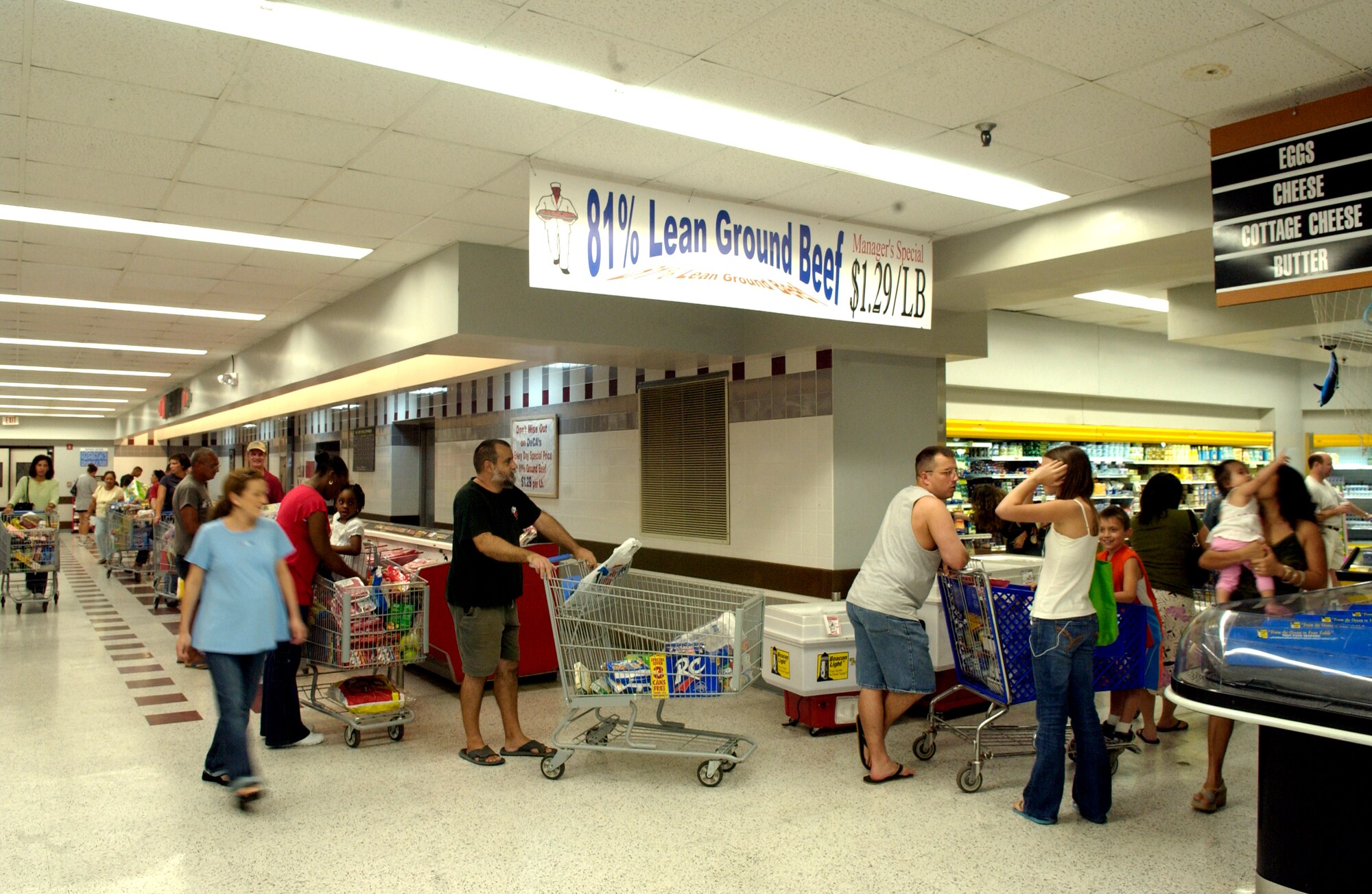 ANDERSEN AIR FORCE BASE, Guam - The commissary line stretches back to the frozen food section, April 1, 2007, in preparation for typhoon Kong-Ray.  The 36th Wing personnel take appropriate actions and make necessary provisions in preparation for every typhoon that has the potential strike Andersen. (Air Force photo by Senior Airman Miranda Moorer)