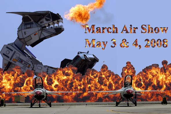 On May 3 & 4, 2008 in conjunction with March Air Reserve Base's 90th Anniversary, United States Air Force's 60th Anniversary and Air Force Reserve Command's 60th Anniversary, the base has scheduled, what is expected to be, its largest air show. The U.S. Air Force Thunderbirds and the U.S. Army Golden Knights will be the highlight of the show.  For more information on the air show, visit:  http://www.marchfieldairfest.com/index.html 

