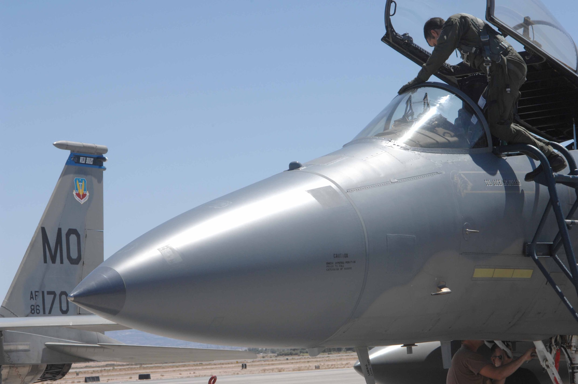MOUNTAIN HOME AIR FORCE BASE, Idaho -- Maj. Rich Sumner, 390th Fighter Squadron pilot, returns from a training mission Aug. 10 at Nellis Air Force Base, Nev. The Wild Boars provided support for the United States Air Force Weapons School by flying air-to-air missions as simulated enemy aircraft July 23 through Aug. 18. (U.S. Air Force Photo/Senior Airman Larry E. Reid Jr.)