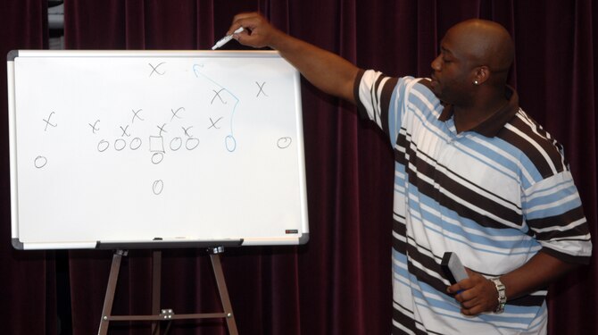 WHITEMAN AIR FORCE BASE, Mo. - Boo Williams explains the game of football as a game of strategy and “X”es and “O”s at the Football Widow’s Luncheon at Mission’s End Aug 8. He played college football at Coffeyville Community College in Coffeyville, Kan. where he was a two-time junior college All-American, and then at the University of Arkansas. He played tight end for the New Orleans Saints from 2001-04, catching a total of 107 passes. His best season was 2003, when he caught 41 passes for 436 yards and five touchdowns. (U.S. Air Force photo/Airman 1st Class Stephen Linch)

