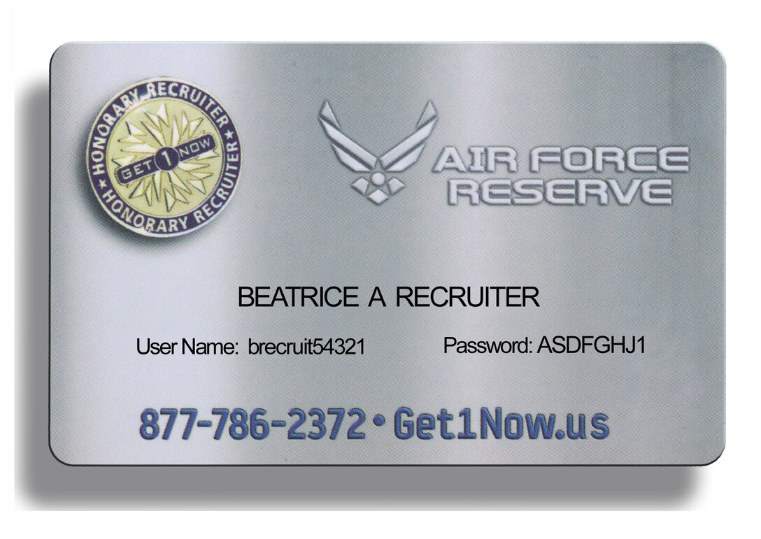 A sample of the Get One Now card provided by the 442nd Fighter Wing recruiting office.  The cards allow reservists access to the "Get1Now.us" Web site.  (U.S. Air Force graphic/Master Sgt. Bill Huntington)