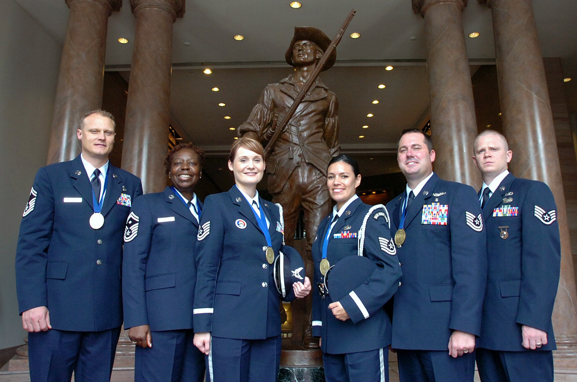 The Air National Guard's Airmen of the Year are (from left) Senior Master Sgt. Lawrence Taylor, 270th Air Traffic Control Squadron, Ore.; Senior Master Sgt. Dorothy Pearson, 116th Air Control Wing, Ga.; Tech. Sgt. Wendy Haight, 123rd Airlift Wing, Ky.; Tech. Sgt. Celia Herrera, 107th Air Control Squadron, Ariz.; Tech. Sgt. Michael Keller, 179th Airlift Wing, Ohio; and Staff Sgt. Jesse Permenter, 116th Air Support Operations Squadron, Wash. (U.S. Air Force photo/Tech. Sgt. Mike R. Smith)
