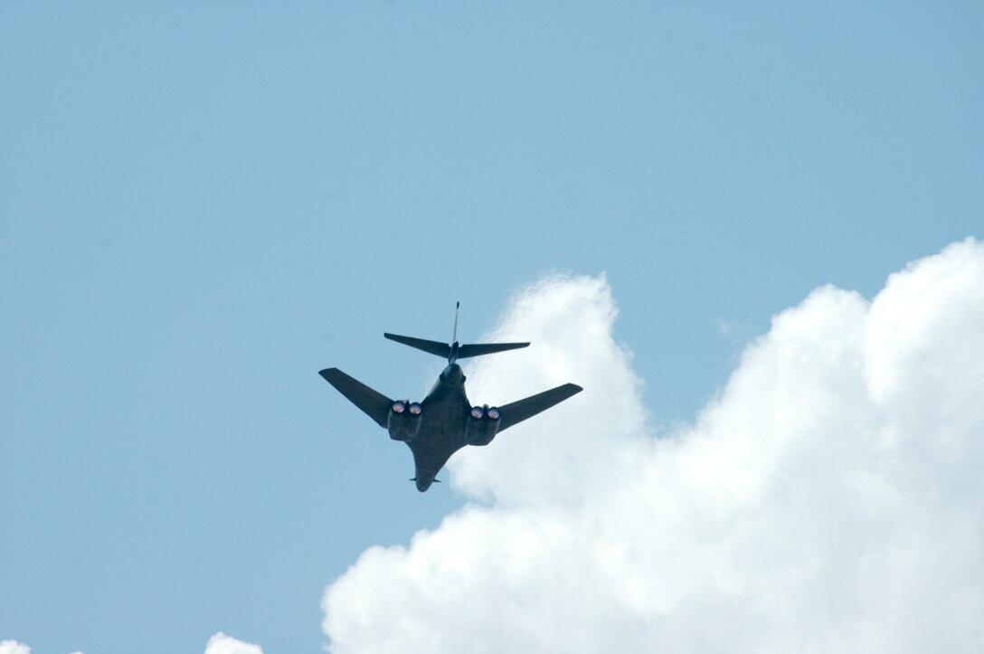 An Ellsworth B-1 four-man aircrew perform a high speed, low-altitude flyover for those attending the 67th Annual Sturgis Motorcycle Rally Aug. 7.
An estimated 70,000 people per day attended the rally which lasted Aug. 6 through 12.
(U.S. Air Force photo/Airman 1st Class Kimberly Moore Limrick)