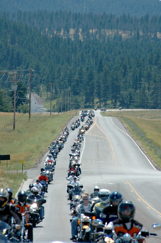 Nearly 350 riders from the Ellsworth Dakota Thunder Motorcycle Club and local community ride from Ellsworth to the 67th Annual Sturgis Motorcycle Rally Aug. 7.
(U.S. Air Force photo/Airman 1st Class Kimberly Moore Limrick)