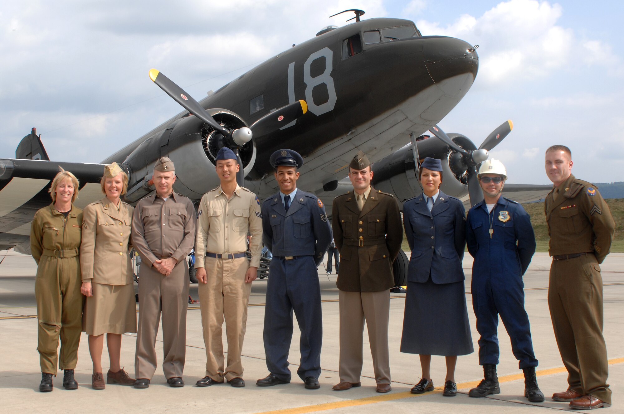 Ramstein Air Base Airmen wear Air Force vintage uniforms  in celebration of the U.S. Air Forces in Europe's 60th anniversary Aug. 11, 2007 Ramstein Air Base Germany. The uniforms were donated by the Ramstein heritage hall. (U.S. Air Force photo/Airman 1st Class Kenny Holston) 