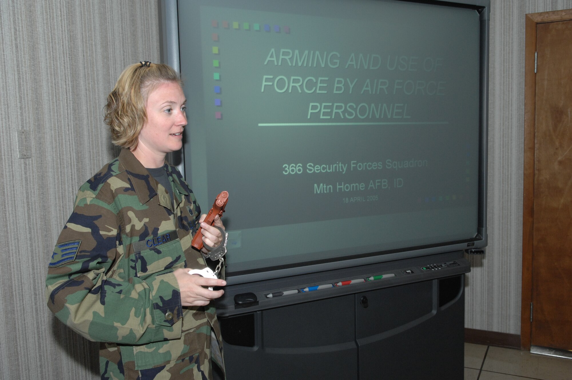 MOUNTAIN HOME AIR FORCE BASE, Idaho -- As the noncommissioned officer in change of the 366th Security Forces Squadron training office, Staff Sgt. Angela Clear provides squadron members and base security augmentees the training they need to complete their jobs here and while deployed. (U.S. Air Force photo/Airman 1st Class Dana Hill) 