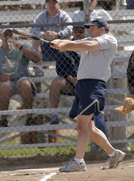 FAIRCHILD AIR FORCE BASE, Wash. – Col. Thomas Sharpy, 92nd Air Refueling Wing commander, takes a swing during the post-Unit Compliance Inspection Commander’s Sports Challenge Aug. 10 here. The day-long event included multiple sports competitions and a base-wide picnic, open to all Fairchild employees and family members. Colonel Sharpy implemented the day of festivities and fun after the base’s dedicated UCI-prep, which led to an overall rating of Excellent. (U.S. Air Force photo / Senior Airman Chad Watkins)