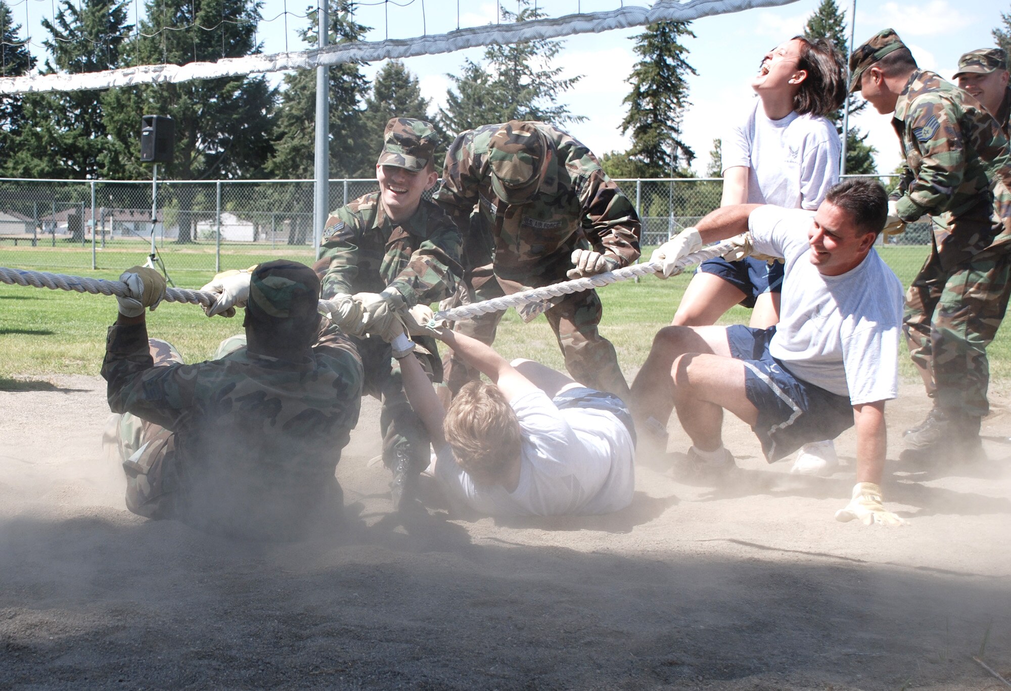 FAIRCHILD AIR FORCE BASE, Wash. – Members of the 92nd Medical Group participate in a tug-of-war competition during the post-Unit Compliance Inspection Commander’s Sports Challenge Aug. 10 at Miller Park here. The day’s events also included softball and dodge ball games, and a bench press competition. (U.S. Air Force photo / Staff Sgt. Mikel Daniel)