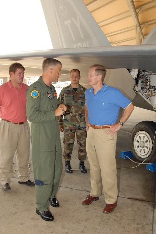 Colonel William H. Mott V, 325th Operations Group commander, briefs Florida Senator Bill Nelson on the F-22 Raptor capabilities during the senator's tour of the base August 9, 2007.  Senator Nelson visited Tyndall as part of a scheduled Florida panhandle tour.  (USAF photo/Lisa Norman)