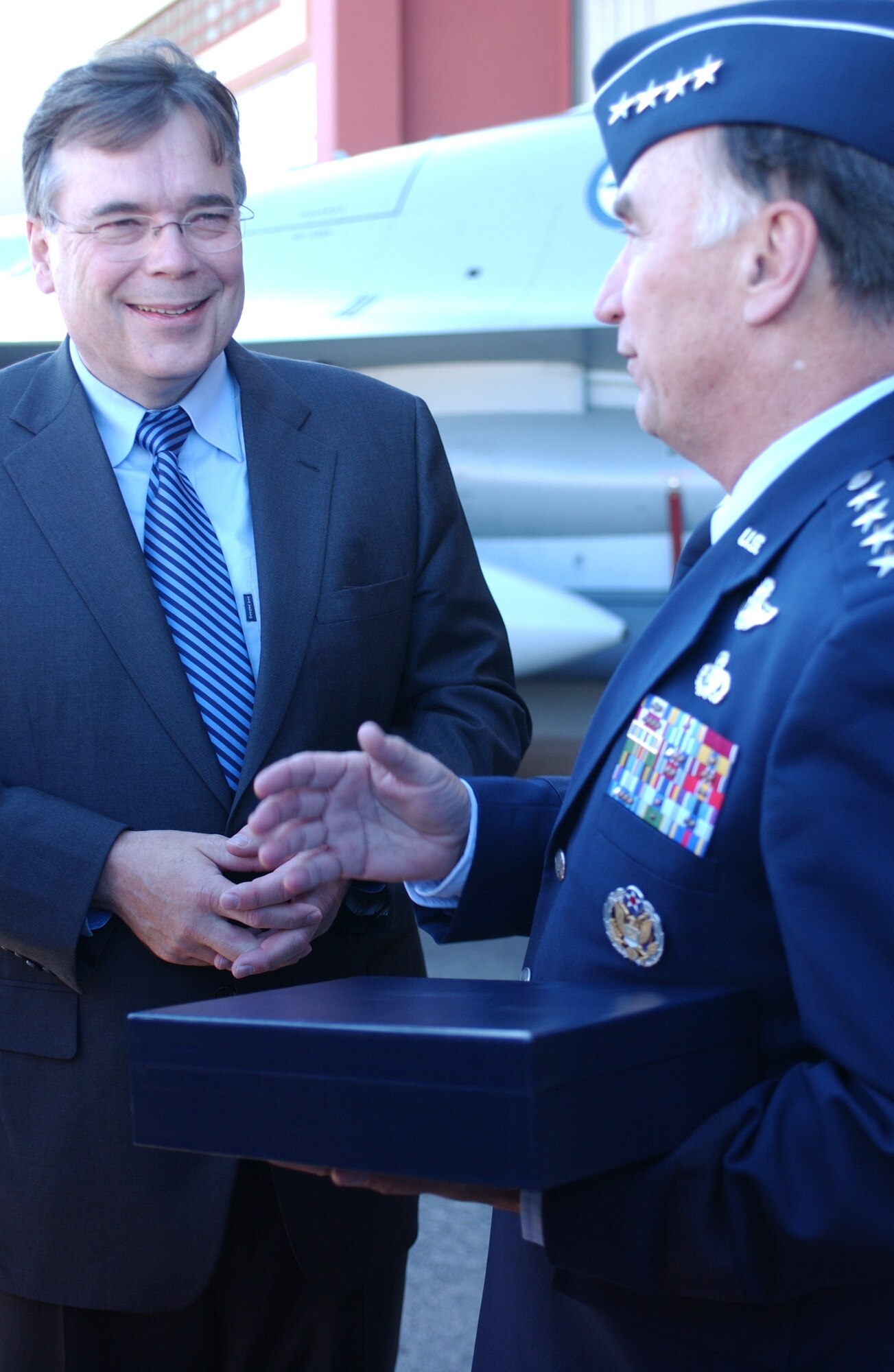 USAFE Commander Gen. Tom Hobbins meets with Iceland Prime Minister Geir H. Haarde during the opening ceremonies of exercise Northern Viking 2007,  The exercise is designed to demonstrate U.S. commitment to the 1951 bilateral U.S./Iceland defense agreement and reinvigorate air defense command and control capabilities of joint/coalition forces in Iceland.