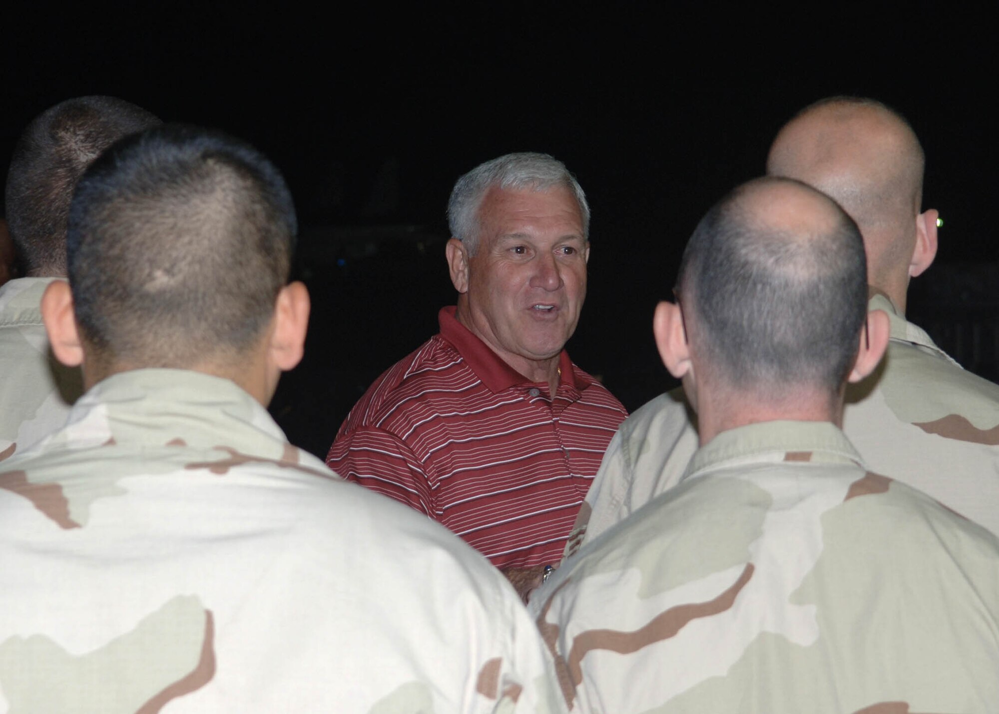 BAGRAM AIRFIELD, Afghanistan - Lt. Gen. (ret.) Glenn Moorhead speaks to Airmen of the 455th Expeditionary Aircraft Maintenance Squadron during a recent visit to Bagram Airfield, Afghanistan. Moorhead answered Airmen's questions about the current and future status of the Air Force. (U.S. Air Force photo by Staff Sgt. Craig Seals)