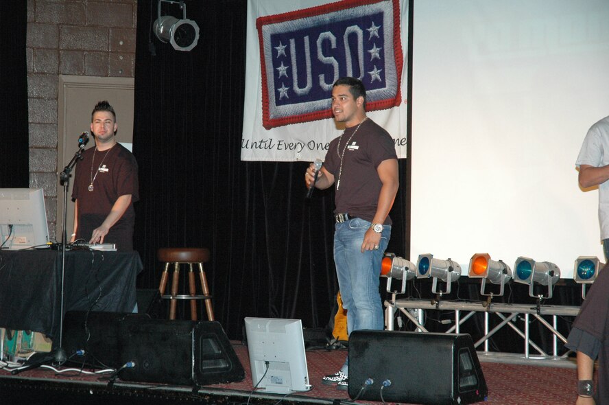 OSAN AIR BASE, Republic of Korea --  Wilmer Valderrama, host of MTV's "Yo' Mama," addresses servicemembers at the Challenger Club here Aug. 10. Valderrama and R&B singer Franie J. performed for and interacted with servicemembers here as part of a USO tour. (U.S. Air Force photo by Staff Sgt. Benjamin Rojek)