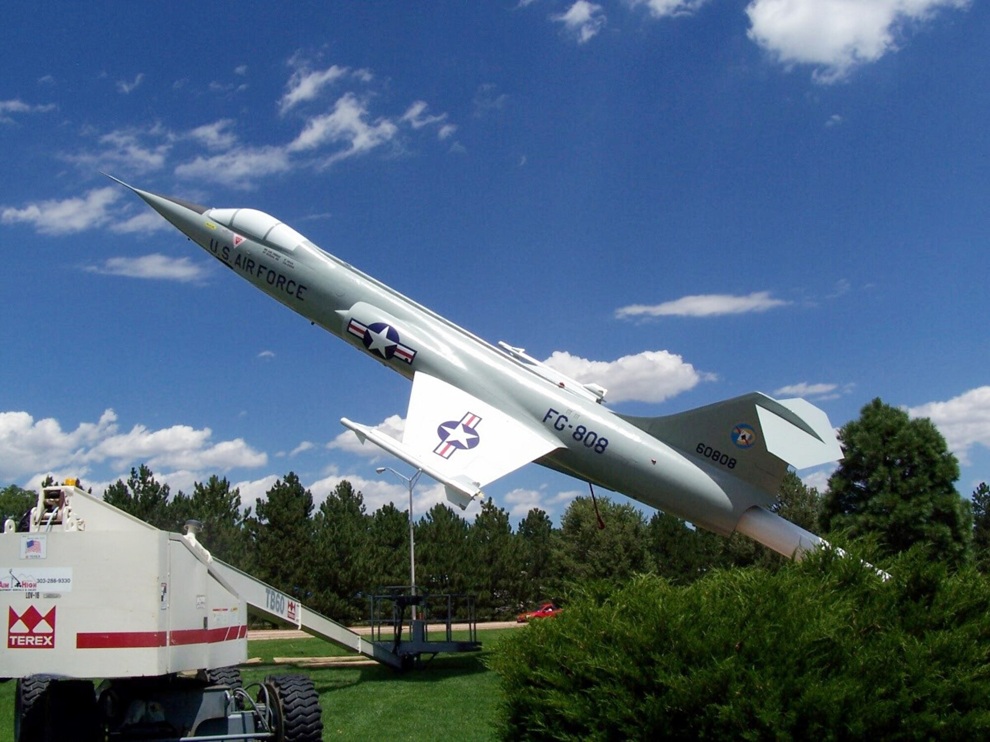 The F-104 “Starfighter” static display located on the corner of Stewart Avenue and Peterson Boulevard got a fresh coat of paint recently. Lovern’s Inc. spent two and a half weeks repainting the historic aircraft, finishing work Aug. 10. The F-104 was the first combat aircraft capable of sustained Mach 2 flight. It is one of 16 aircraft static displays that are part of the Peterson Air and Space Musuem. (Photo by Erv Smalley)