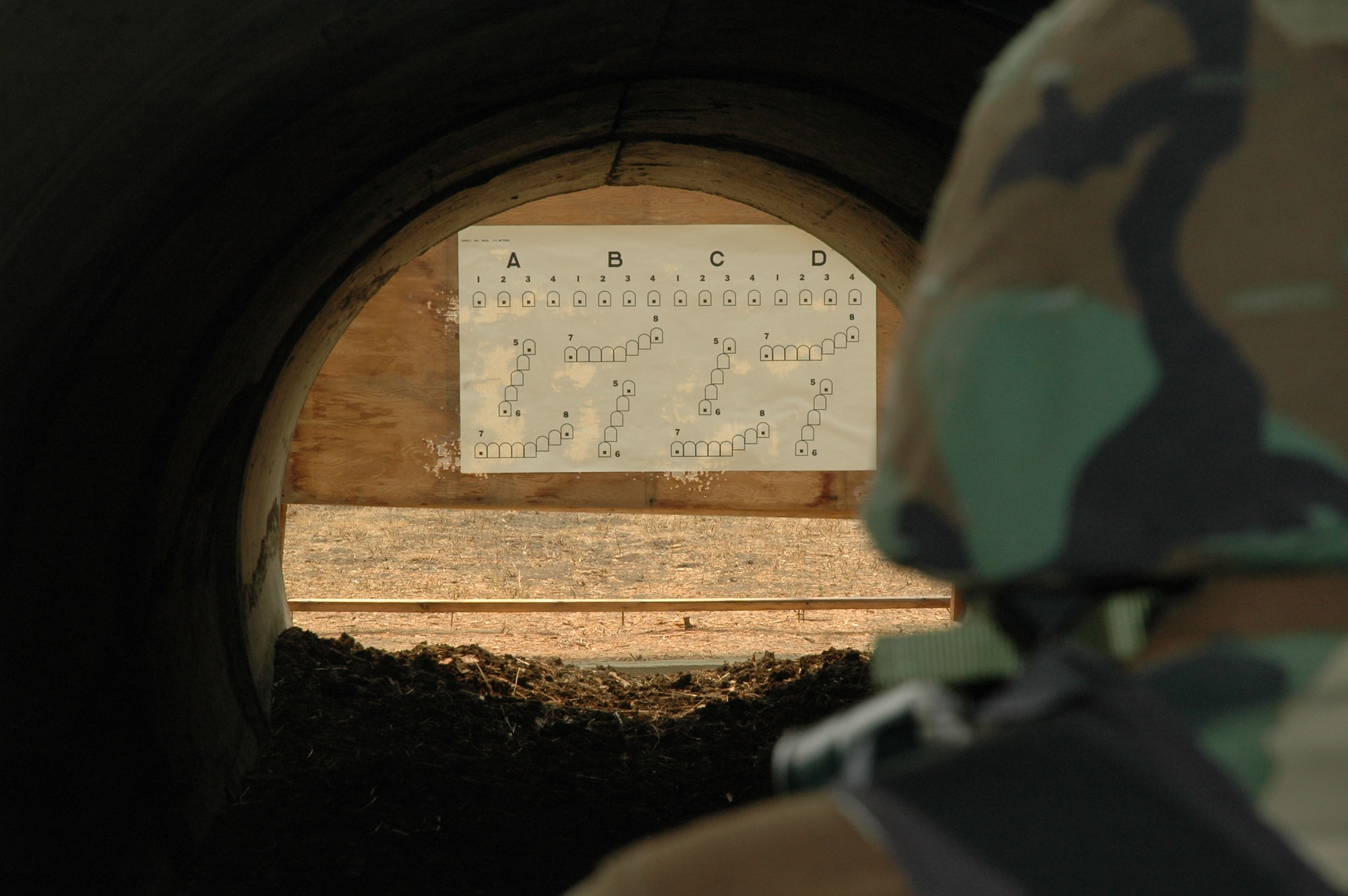 Staff Sgt. Clifford Kinsman, 341st Missile Security Forces Squadron flight security controller, looks down-range at a set of targets for an M-240B machine gun at Malmstrom Air Force Bases Combat Arms Training and Maintenance facility Aug. 13, 2007.  (U.S. Air Force photo by Airman 1st Class Dillon White)      