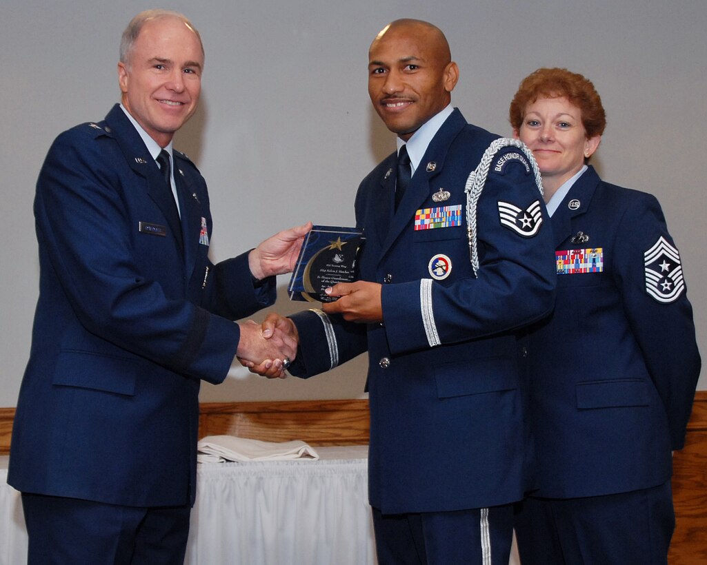 Staff Sgt. Kelvin Hatcher, 366th Training Squadron, won in the senior Honor Guardsman category. Seen here with 82nd Training Wing Commander Brig. Gen. Richard Devereaux and 82nd TRW Command Chief Chief Master Sgt. Jeannie McLean. (U.S. Air Force photo/Mike Litteken)