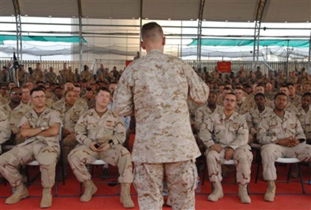 Marine Gen. Peter Pace, chairman of the Joint Chiefs of Staff, conducts a town hall meeting with approximately 1,200 troops in the Thunder Dome at Camp Lemonier, Djibouti, Aug. 14, 2007.  
