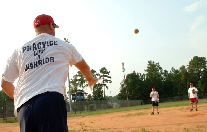Robert Sadwick, 437th Operations Support Squadron, warms up for final practice with his team before departing for the three-day, double-elimination Air Force-wide tournament beingheld in Orlando, Fla., this weekend. (U.S. Air Force Photo/Staff Sgt. April Quintanilla)