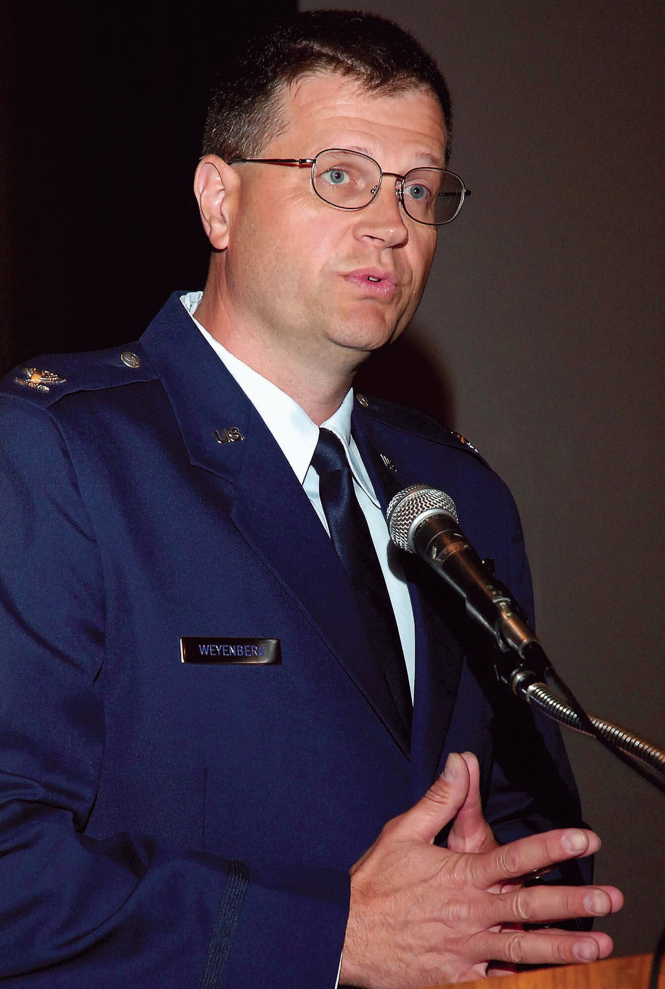 Col. Keith Weyenberg talks to the 747th Aircraft Sustainment Group July 24, moments after assuming leadership of the group during a traditional ceremony at the base theater. (Air Force photo by Dave Faytinger)