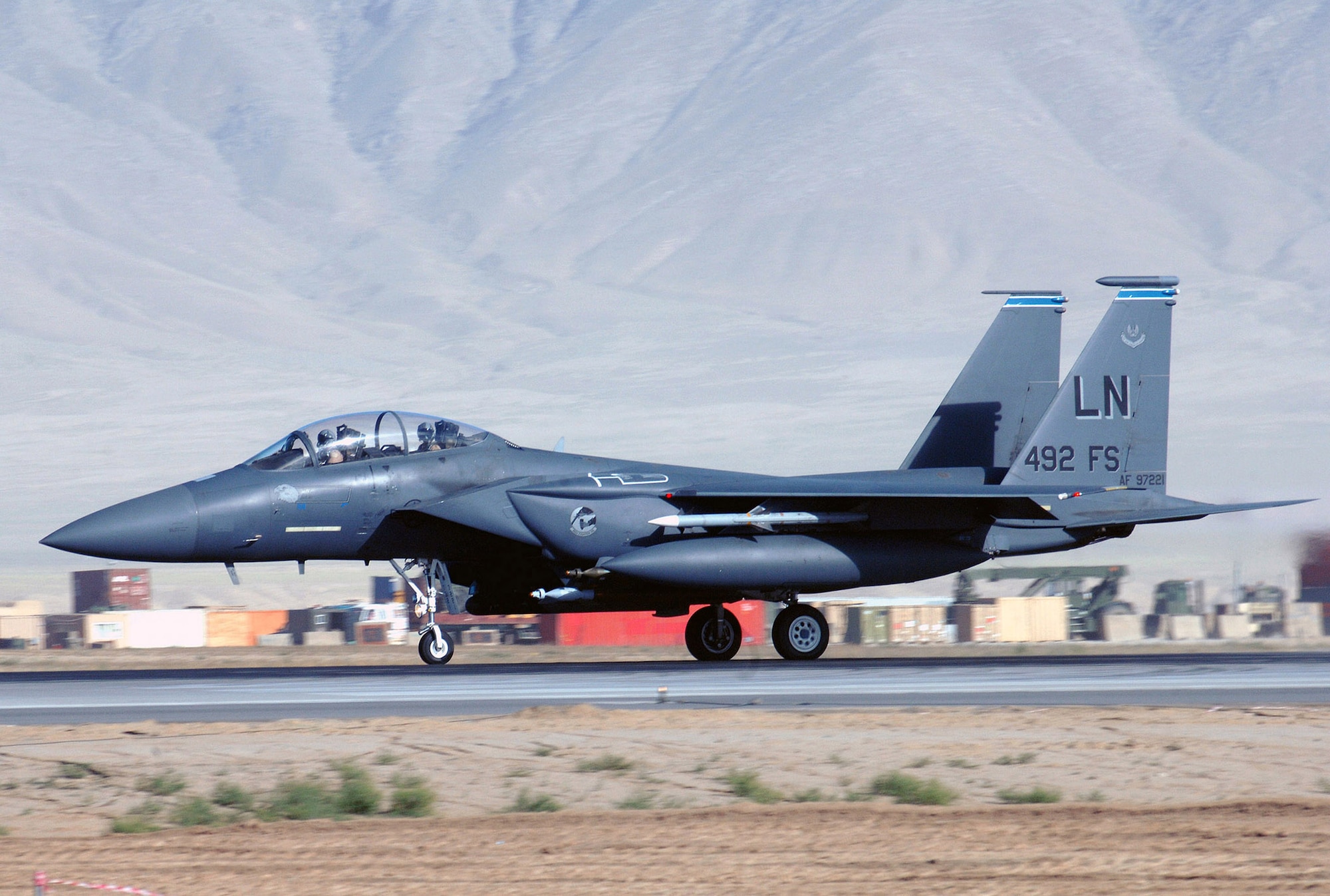 An F-15E Strike Eagle assigned to the 492nd Expeditionary Fighter Squadron takes off from Bagram Airfield, Afghanistan June 9. The 492nd EFS is deployed from Royal Air Force Lakenheath, England. (U.S. Air Force photo/Staff Sgt. Craig Seals)